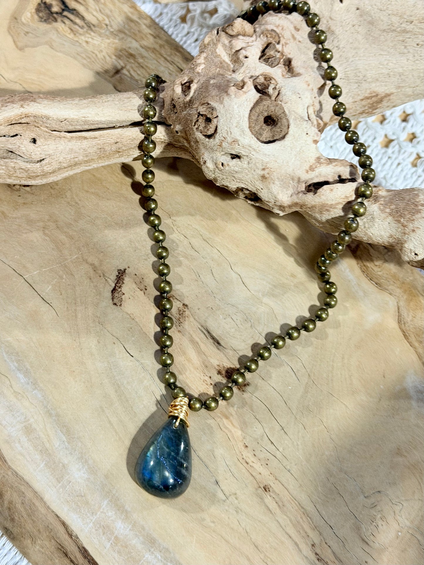 Labradorite + Antique Brass Ball Chain Necklace