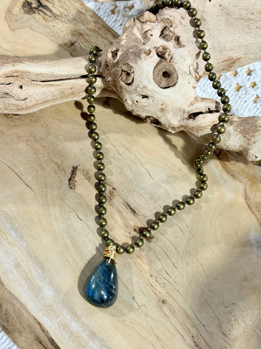 Labradorite + Antique Brass Ball Chain Necklace