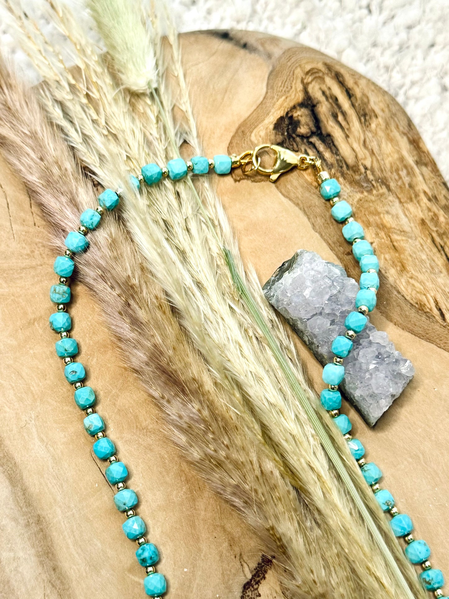 Turquoise Cubes + Gold Beaded Necklace