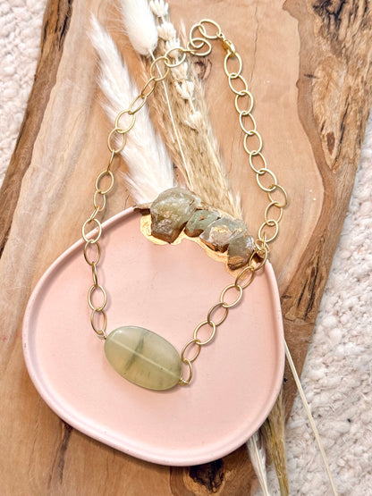 Pale Green Jade + Matte Gold Pendant Necklace