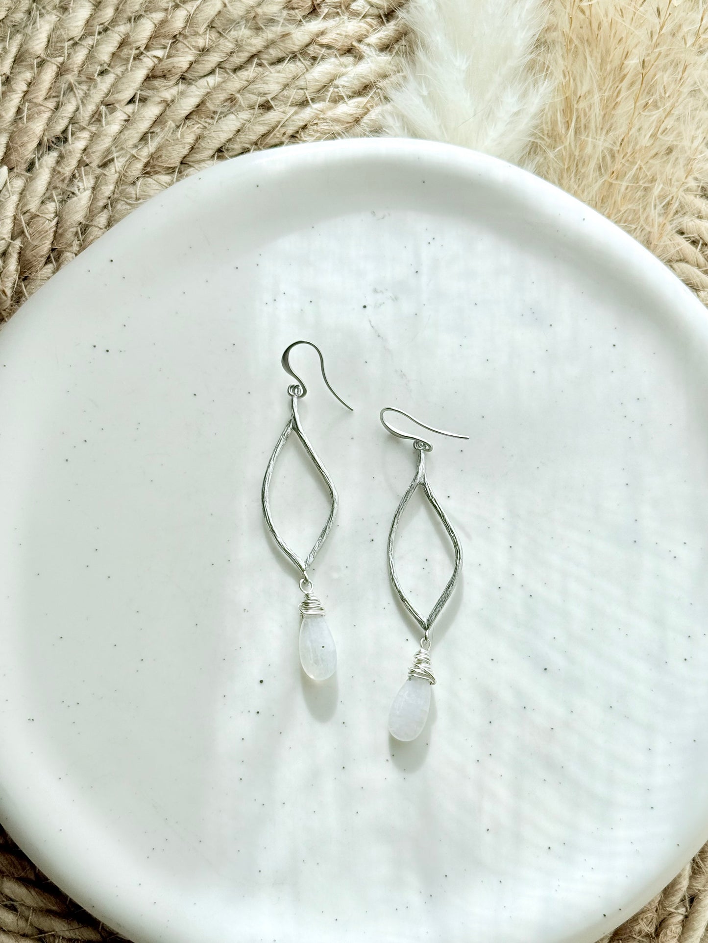 Rainbow Moonstone + Matte Silver Teardrop Earrings