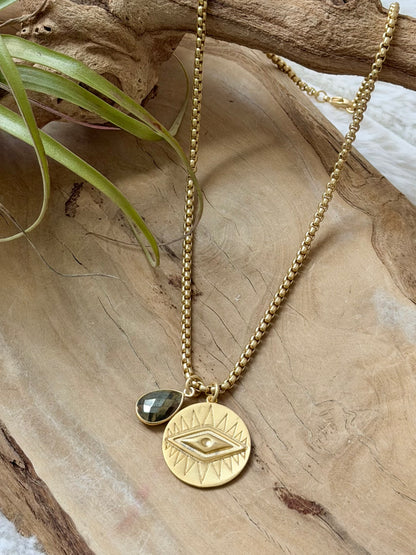 Pyrite Drop + Matte Gold Evil Eye Necklace