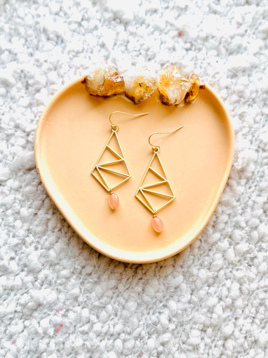 Peach Moonstone + Matte Gold Diamond Earrings