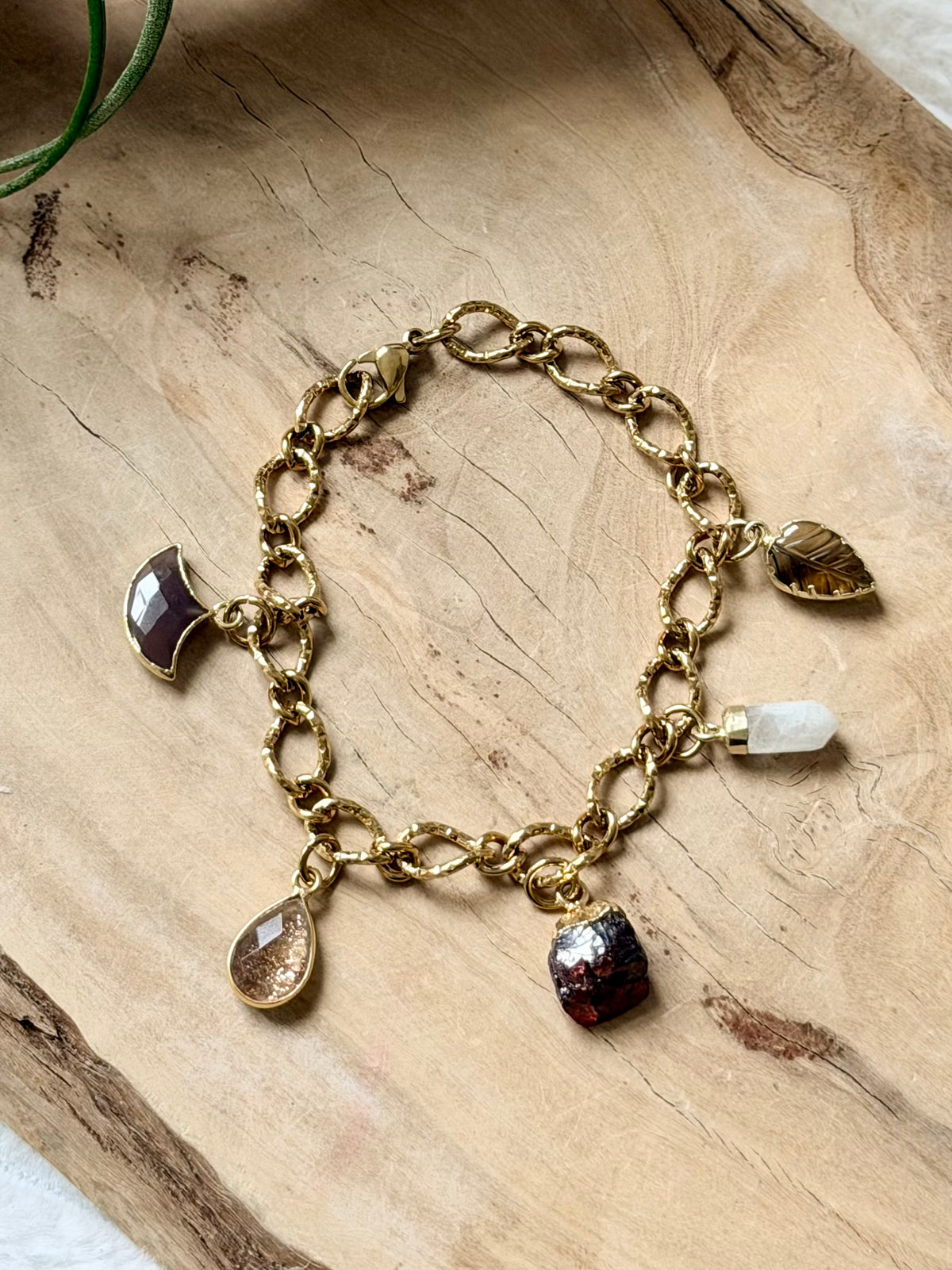 Mixed Warm Gems + Gold Stainless Charm Bracelet