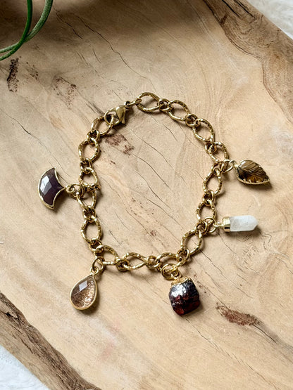 Mixed Warm Gems + Gold Stainless Charm Bracelet