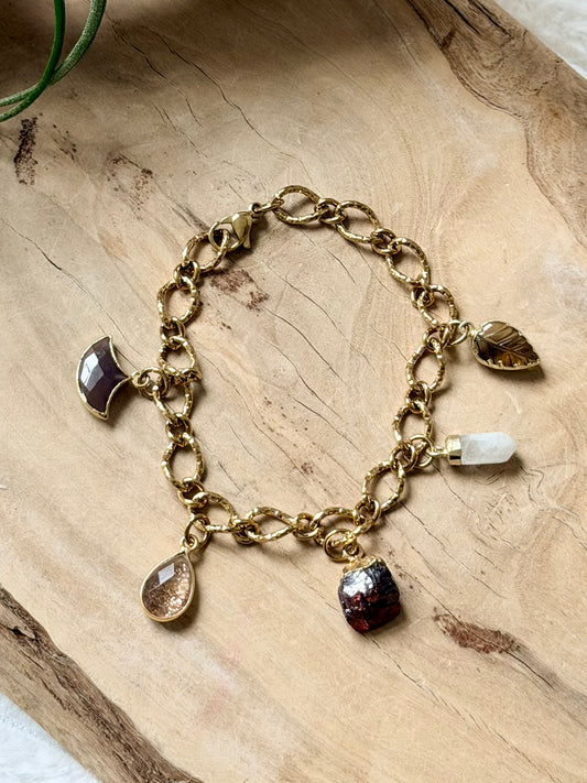 Mixed Warm Gems + Gold Stainless Charm Bracelet