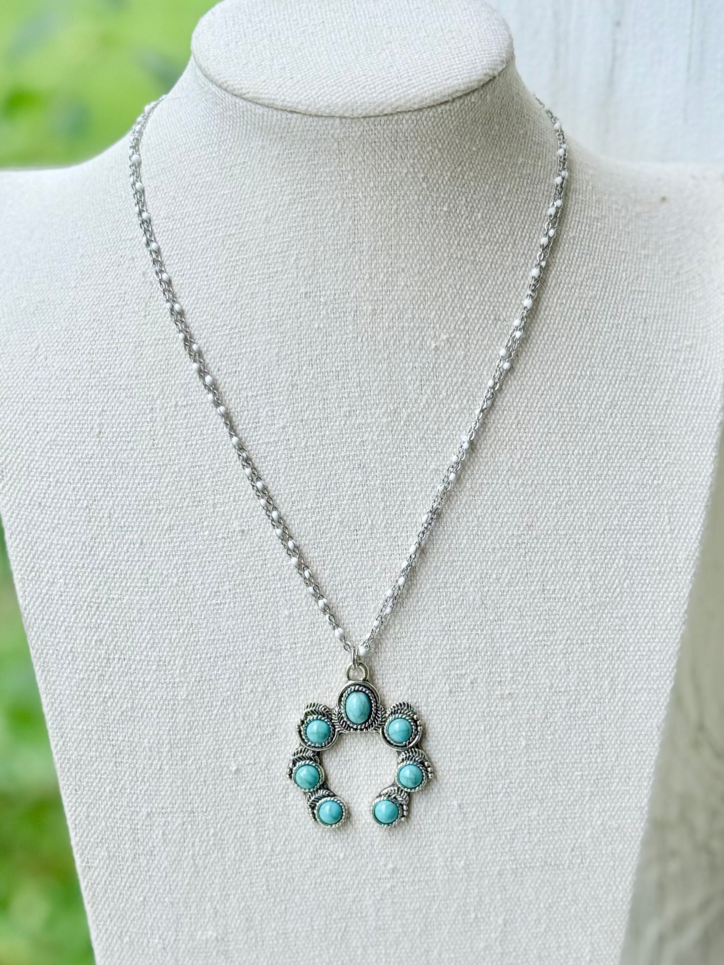 Turquoise + White Silver Squash Blossom Necklace