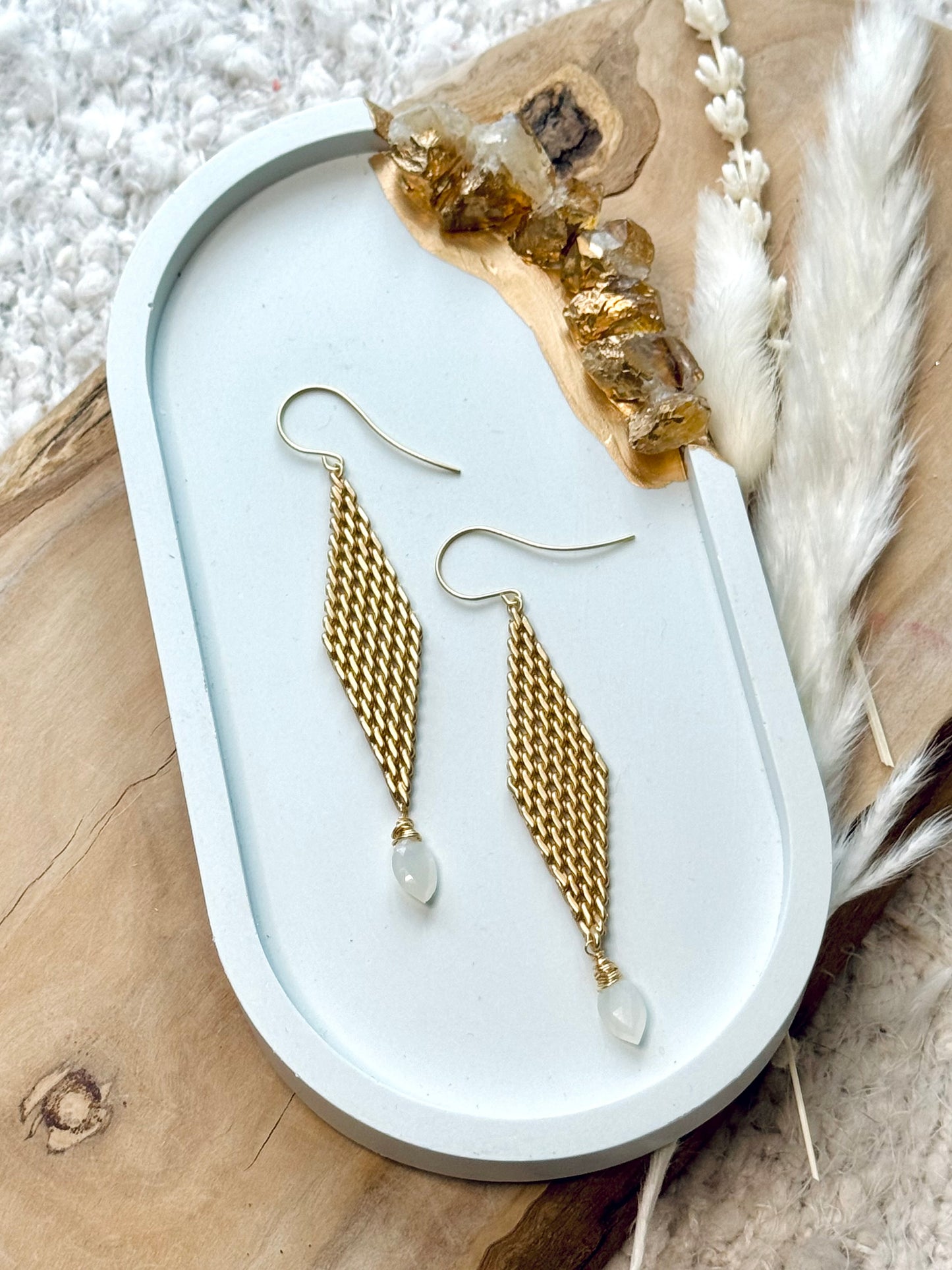 White Moonstone + Matte Gold Mesh Earrings