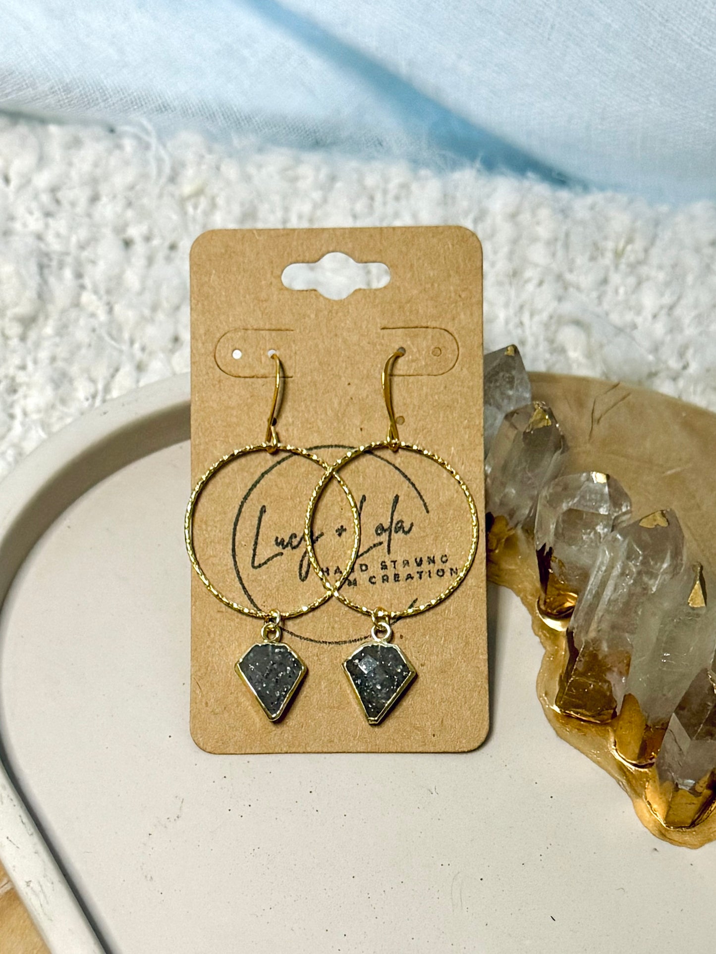 Black Sunstone + Gold Circle Earrings