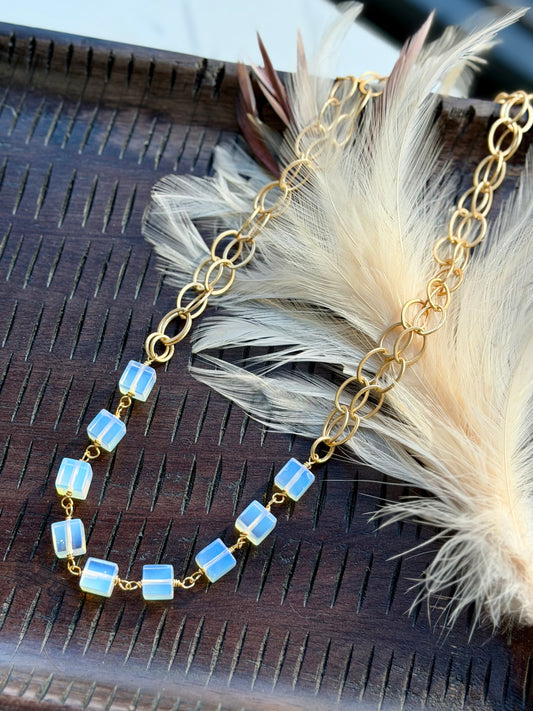Opalite + Matte Gold Cube Necklace