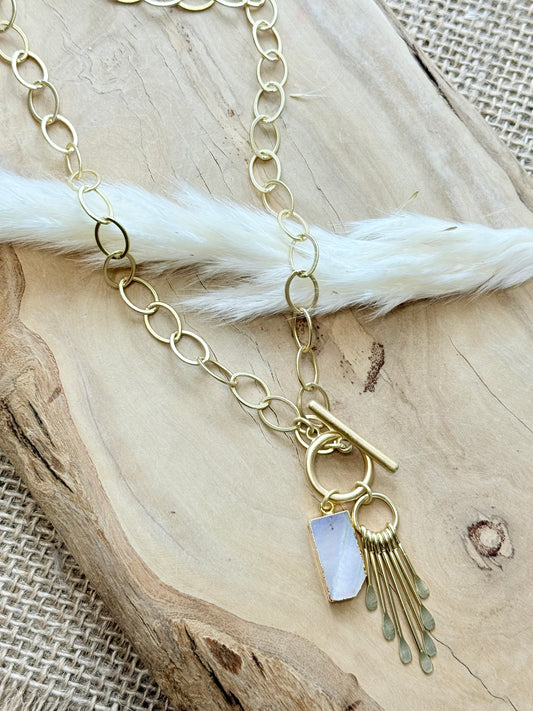 Rainbow Moonstone + Gold Charm Toggle Necklace