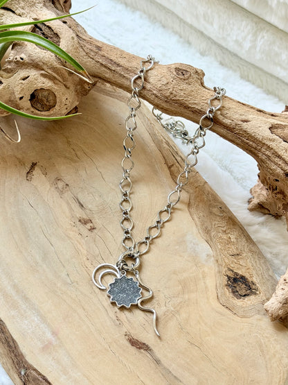 Black Sumstone + Silver Stainless Carabiner Charm Necklace