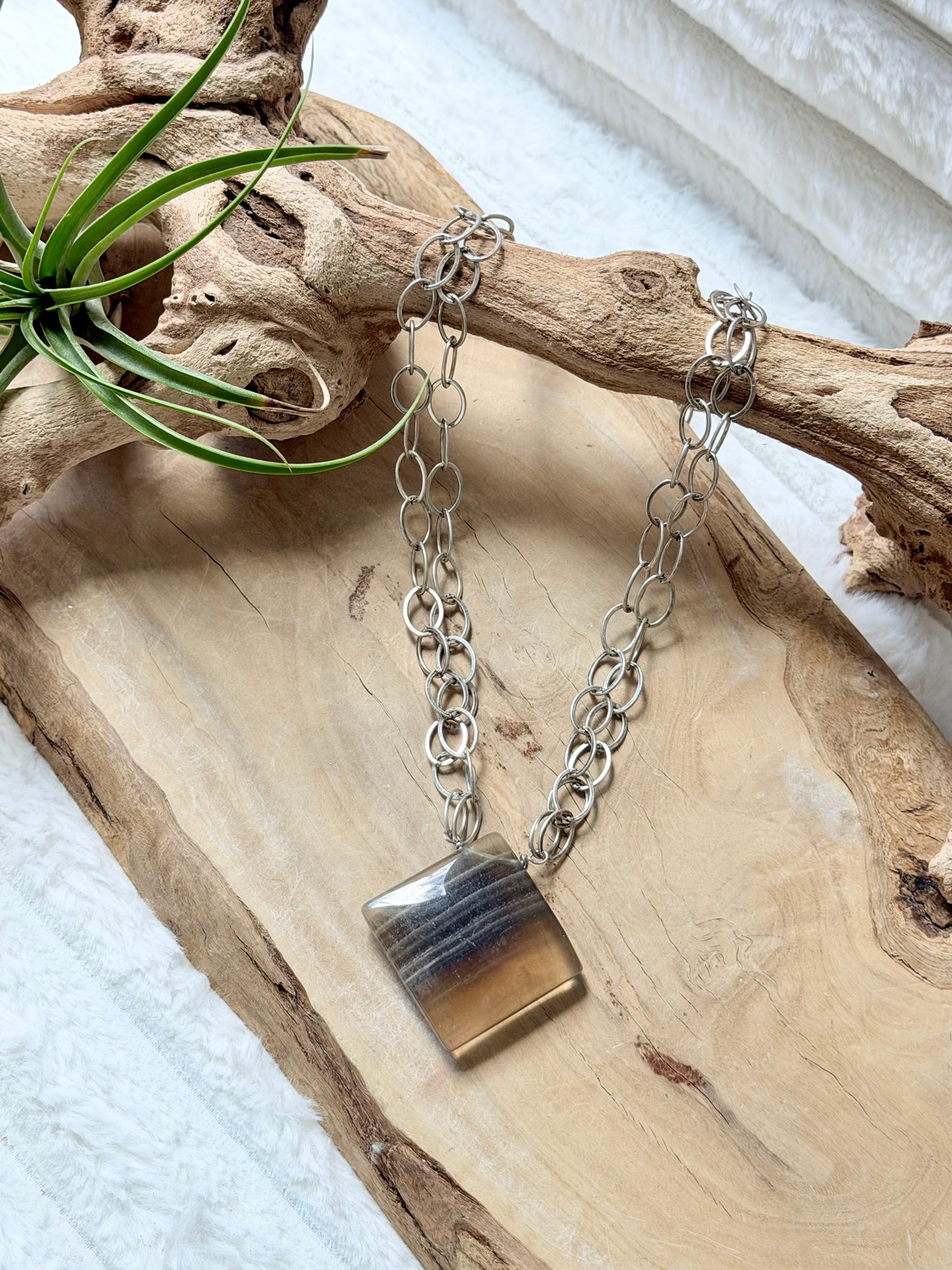 Honey Golden Fluorite + Antique Silver Double Chain Necklace