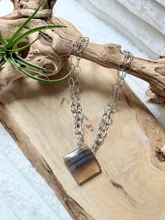 Honey Golden Fluorite + Antique Silver Double Chain Necklace