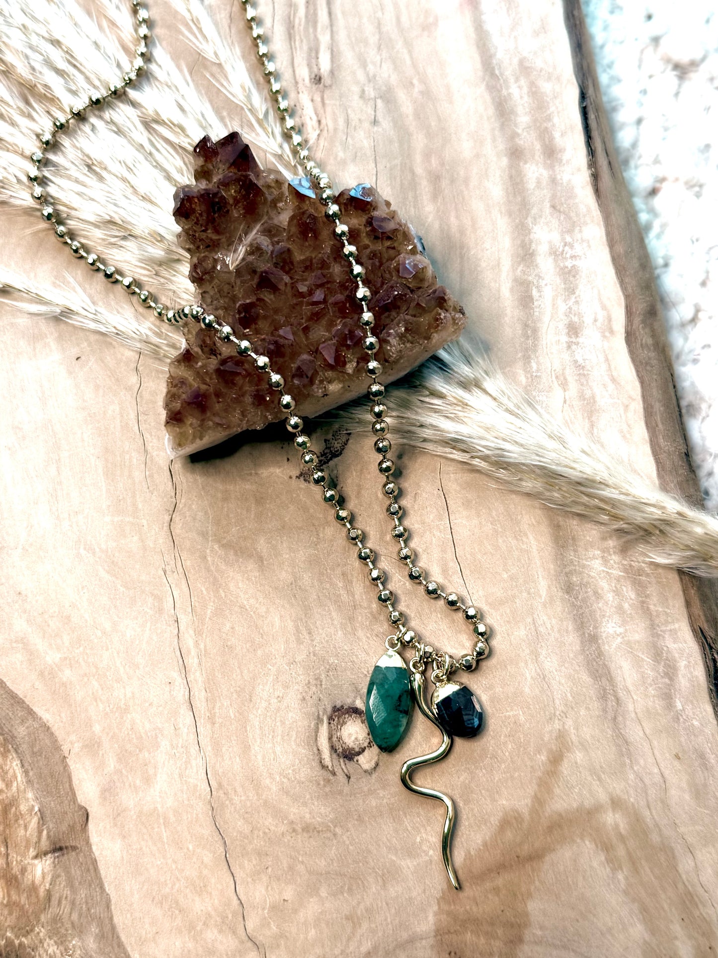 Emerald + Black Onyx Gold Charm Necklace