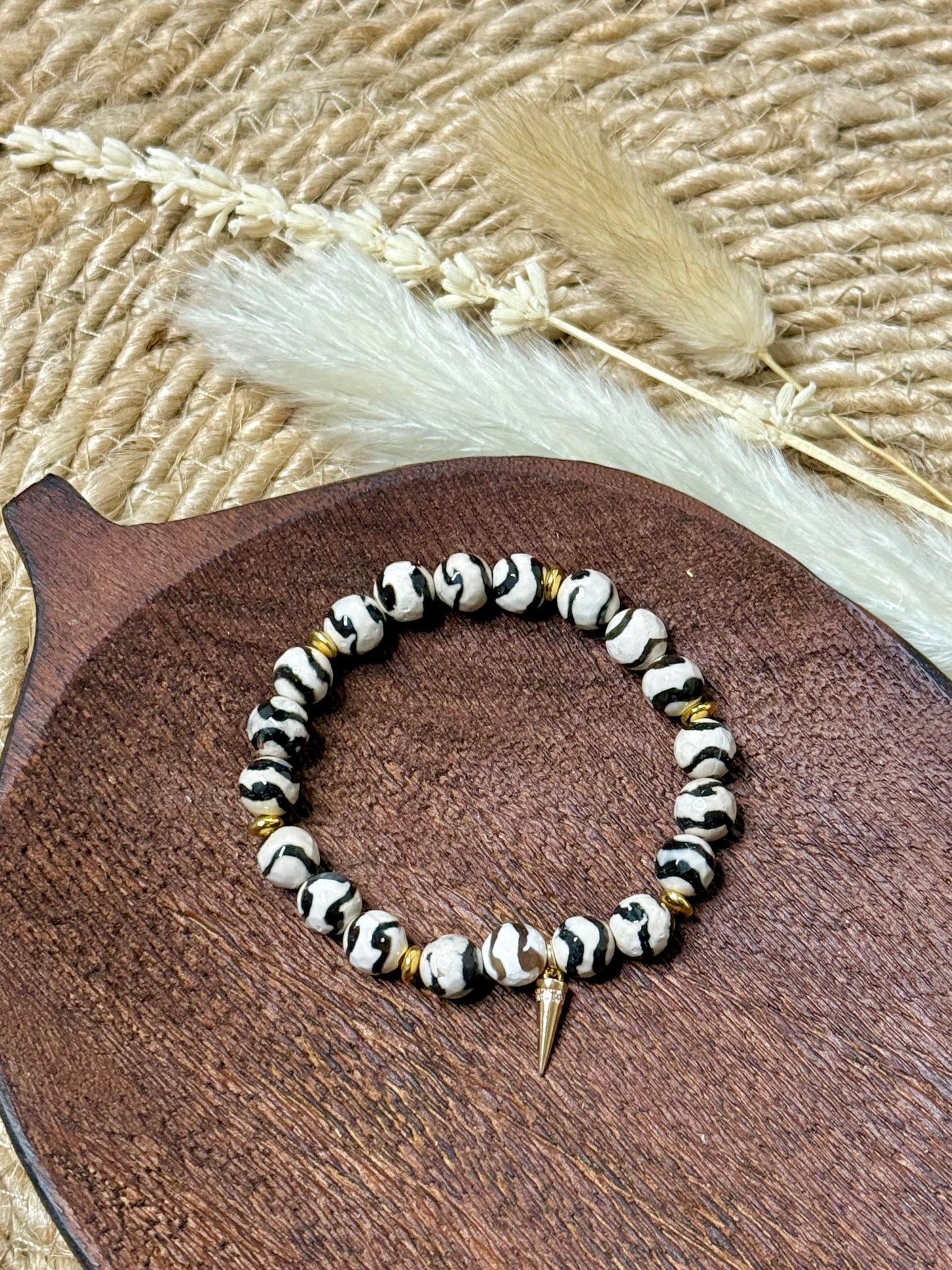 Black + White Wavy Tibetan Agate + Gold Chunky Charm Band