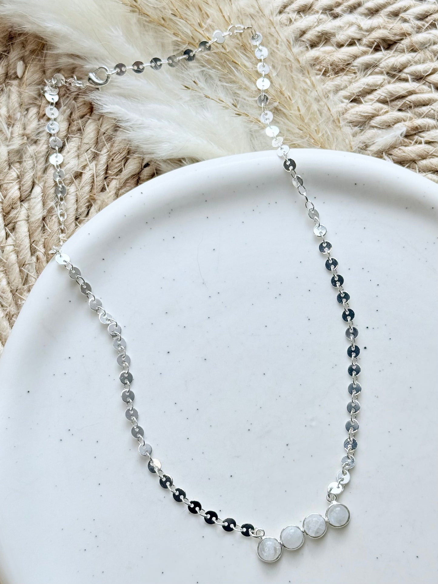 Rainbow Moonstone + Silver Bar Necklace