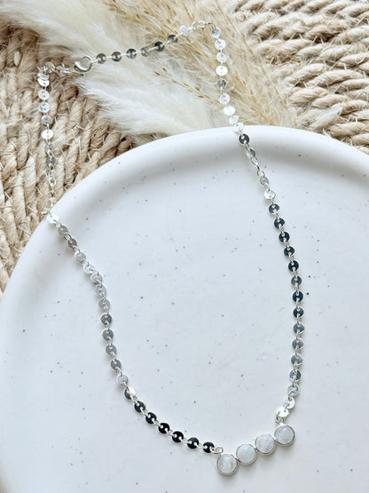 Rainbow Moonstone + Silver Bar Necklace