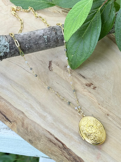 Mixed Moonstone + Matte Gold Locket Necklace