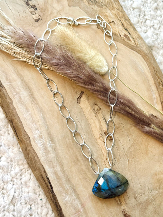 Labradorite Triangle Pendant + Silver Necklace