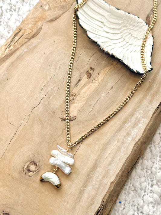 Freshwater Pearl + Matte Gold Moon Necklace