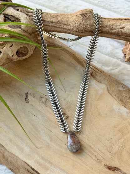 Red Moss Agate + Antique Silver Fishbone Chain Necklace