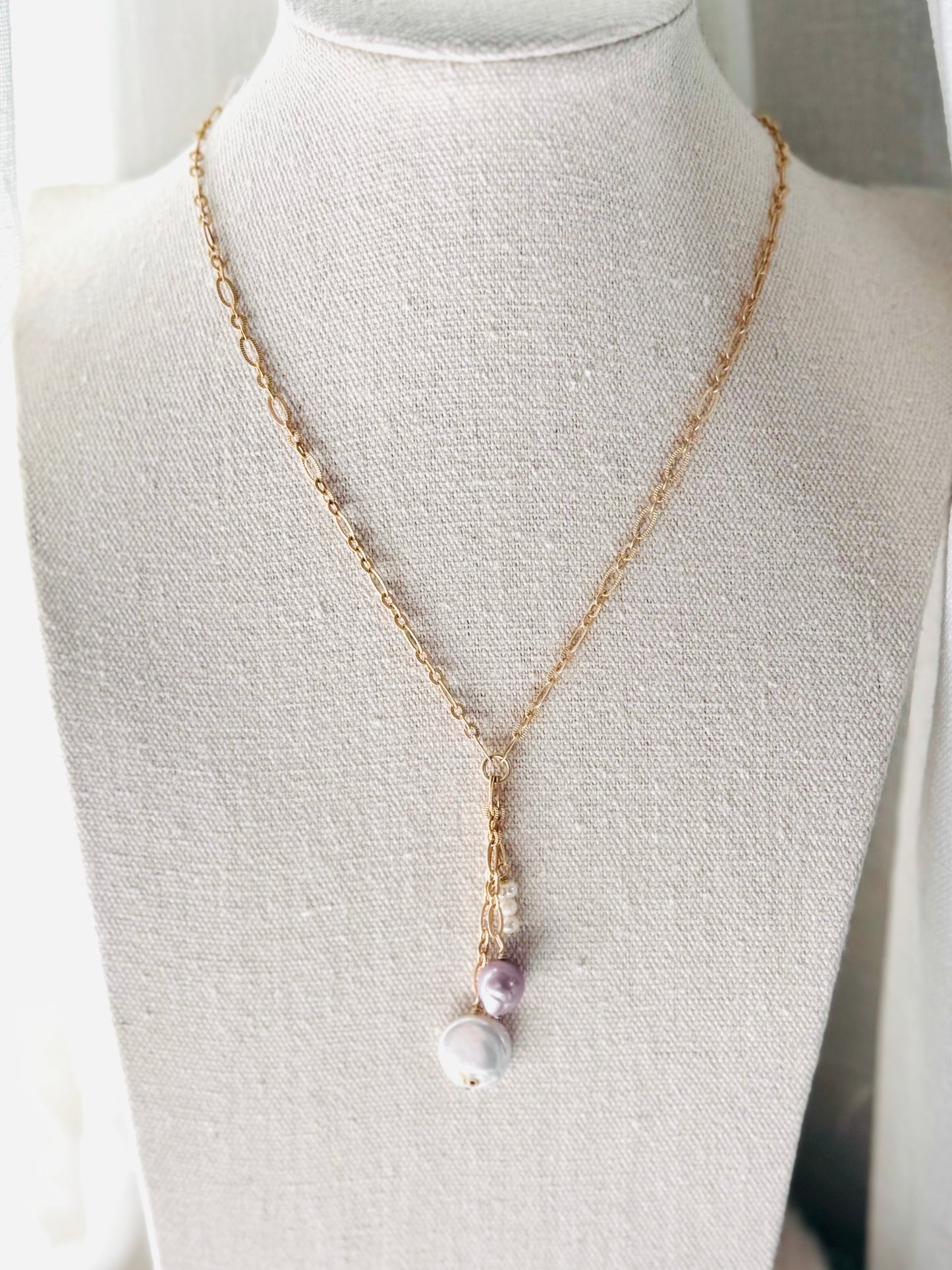 Freshwater Pearl + Matte Gold Textured Necklace