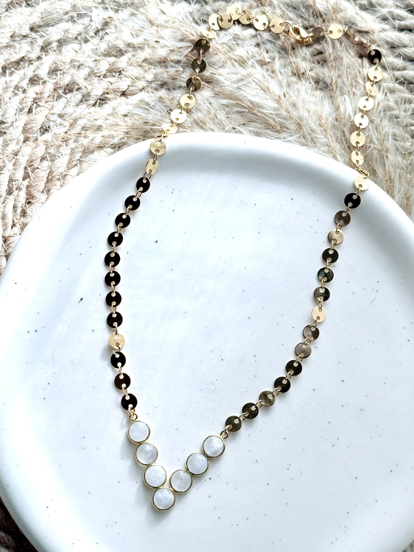 Rainbow Moonstone + Gold V-Shaped Sequin Necklace