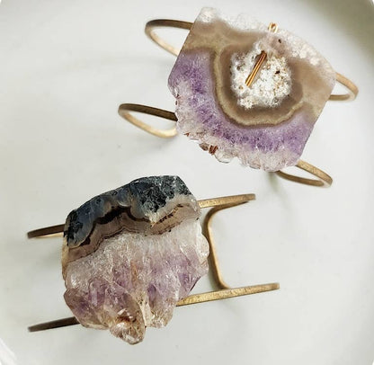 Wire Wrapped Amethyst Druzy and Brass Cuff Bracelet