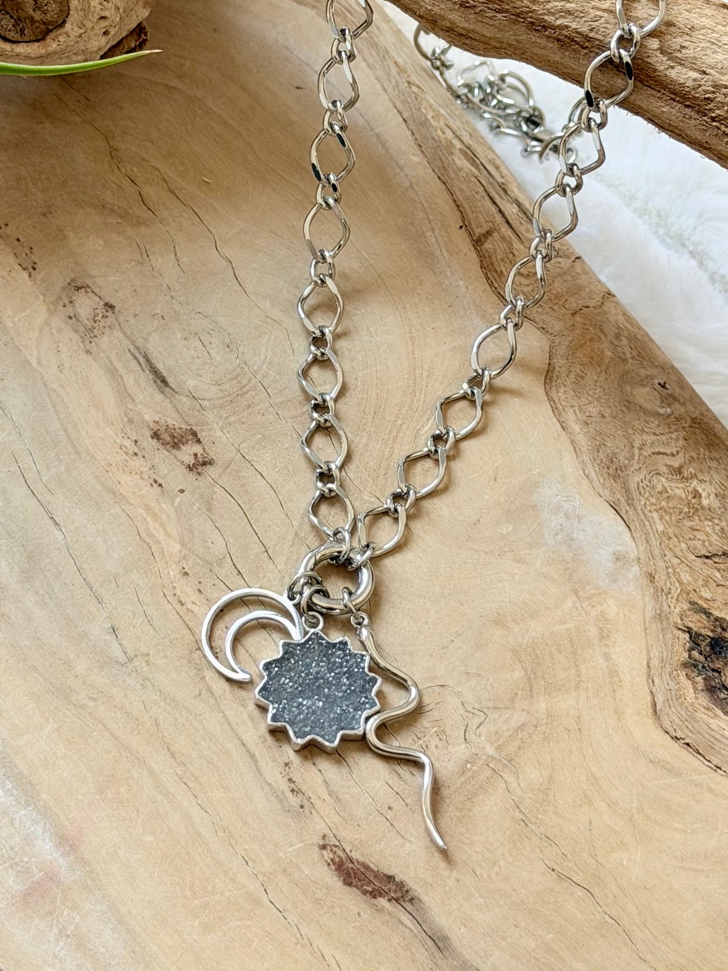 Black Sumstone + Silver Stainless Carabiner Charm Necklace
