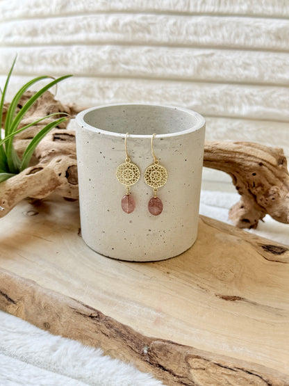 Strawberry Quartz + Matte Gold Earrings