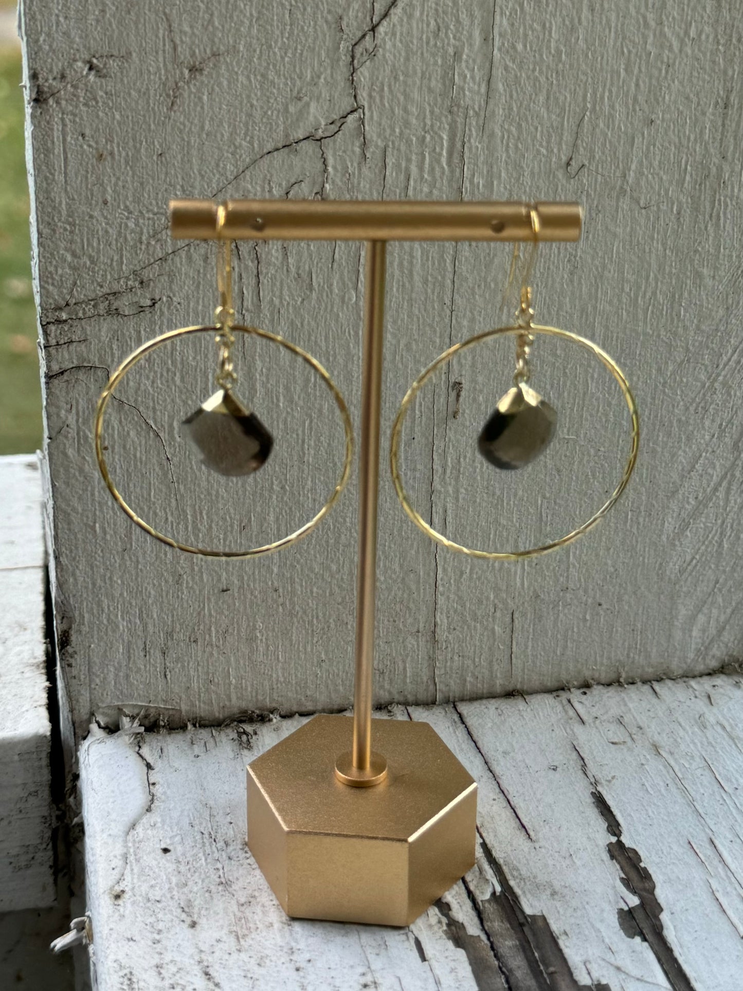 Smokey Quartz + Gold Circle Earrings