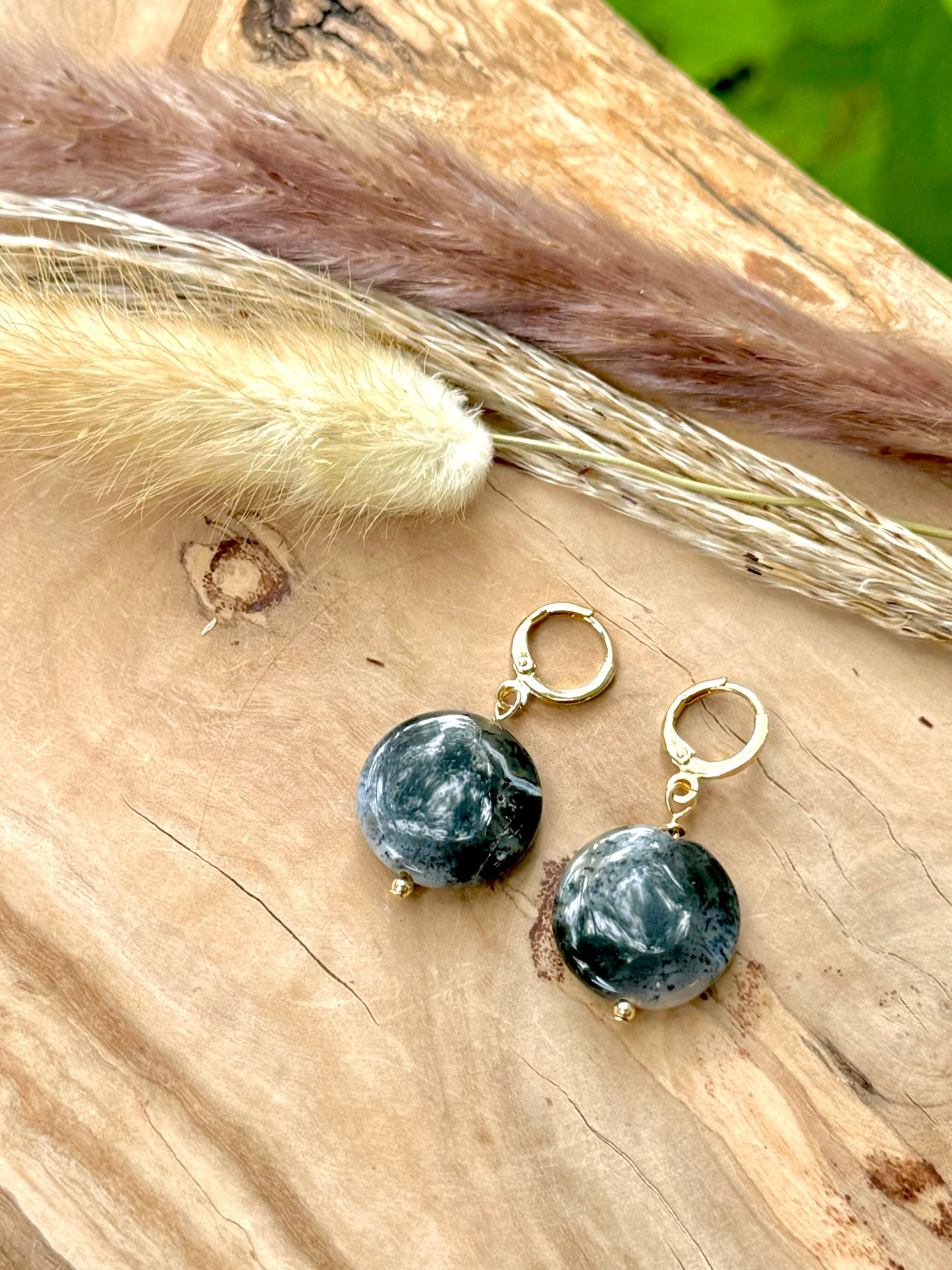 Dendritic Opal + Gold Disc Earrings