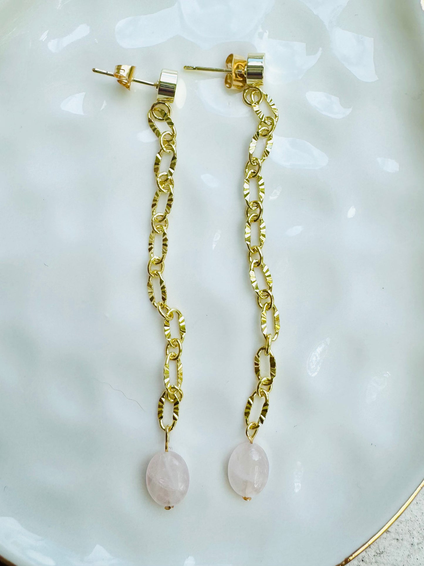 Rose Quartz + Gold, Embossed Paperclip Duster Earrings