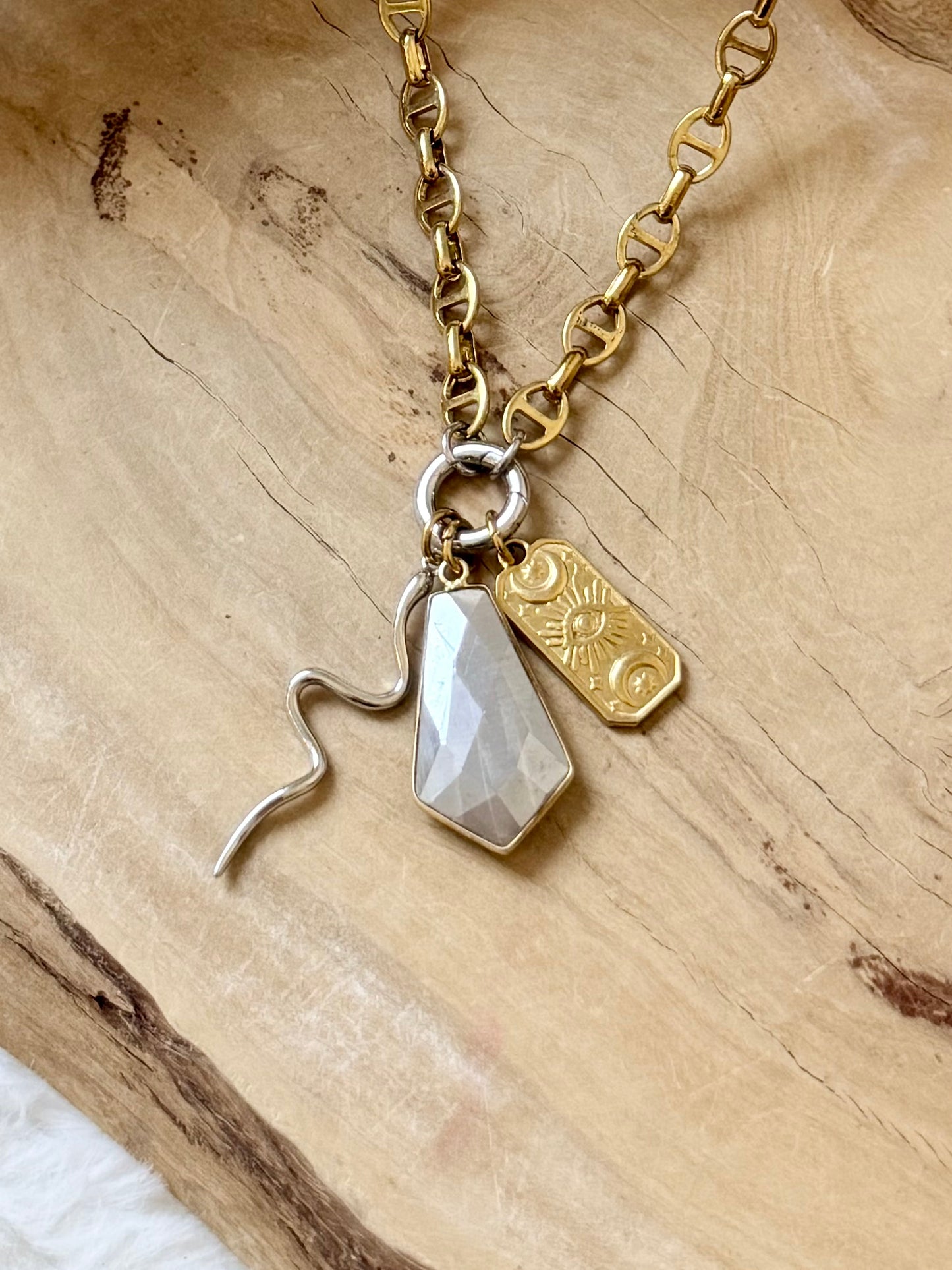 Gray Moonstone + Mixed Metal Carabiner Charm Necklace