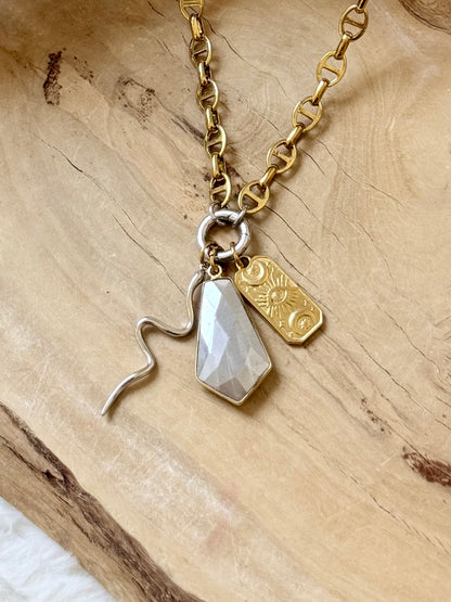 Gray Moonstone + Mixed Metal Carabiner Charm Necklace