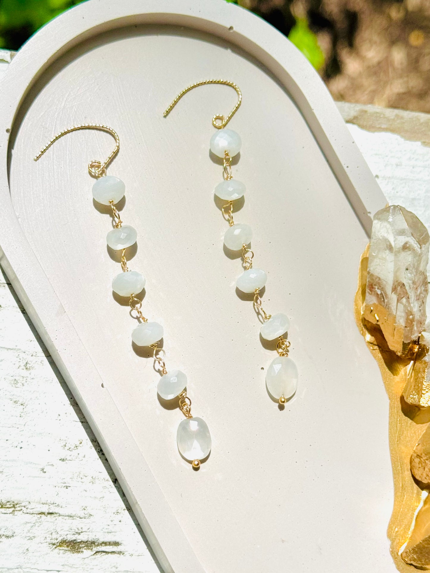 White Moonstone + Gold Drop Earrings