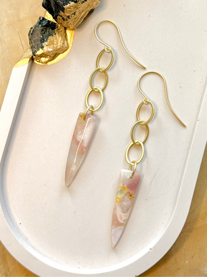 Cherry Blossom Agate + Matte Gold Drop Earrings