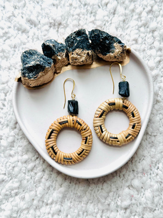 Black Tourmaline + Gold Rattan Earrings