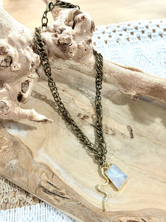 Rainbow Moonstone + Antique Brass Necklace