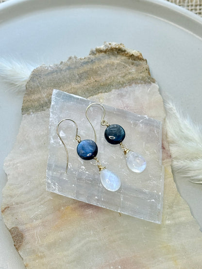 Labradorite + Rainbow Moonstone Gold Earrings