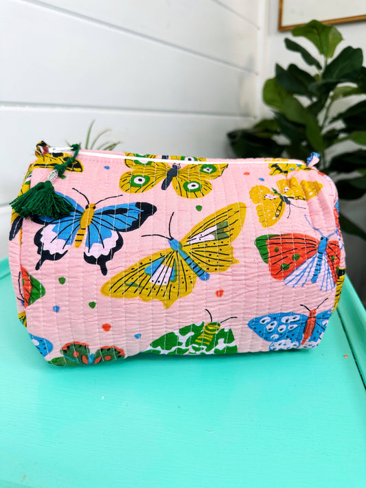 Pink Butterfly Quilted Makeup Bag