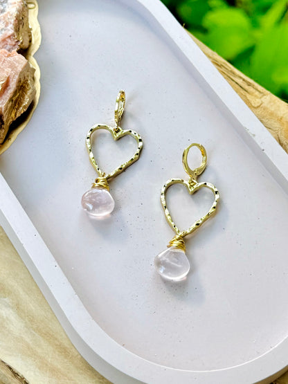 Rose Quartz + Gold Heart Earrings