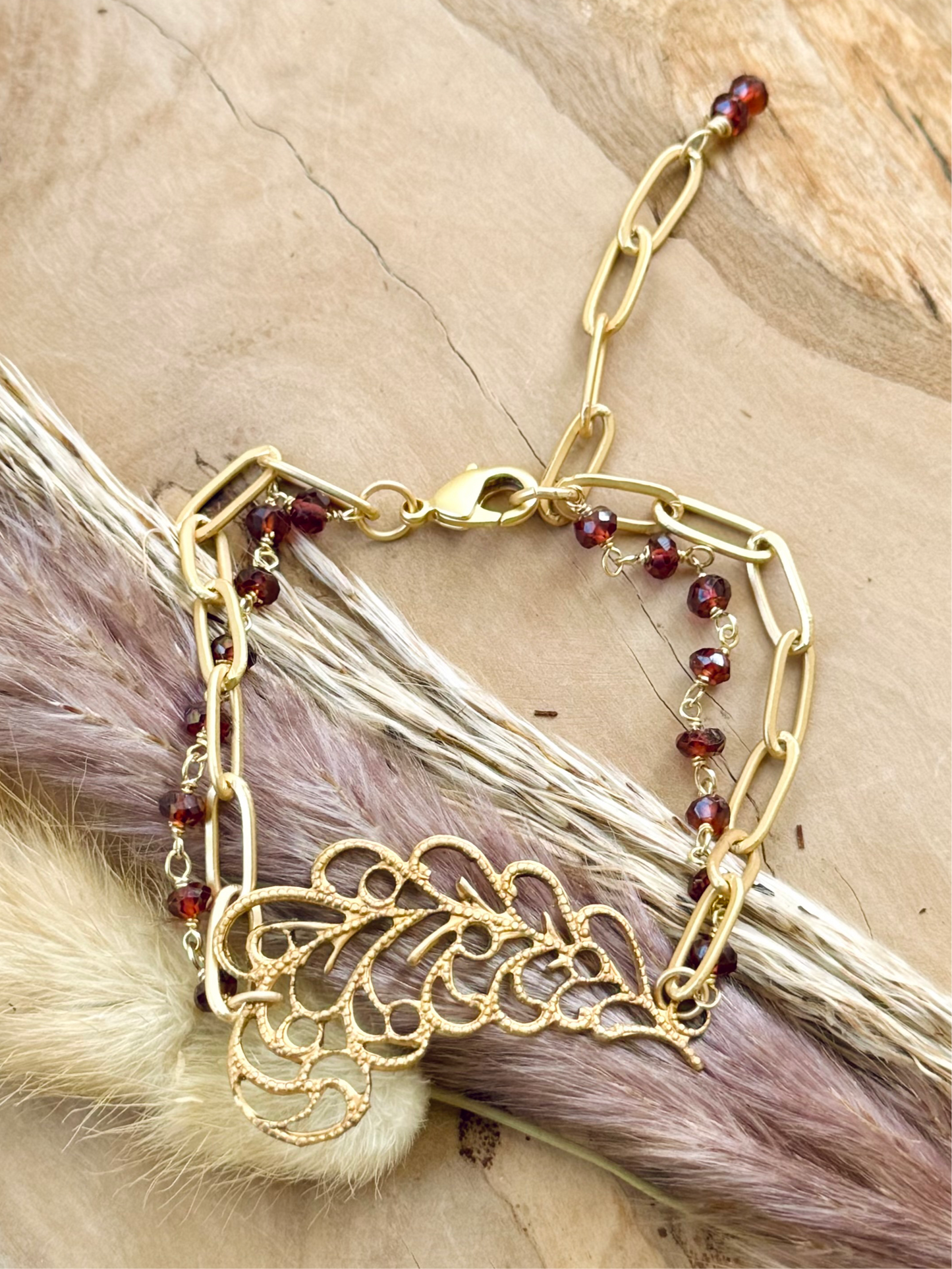 Brass Filigree + Garnet Matte Gold Chain Bracelet