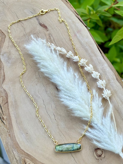 Labradorite + Gold Bar Pendant Necklace