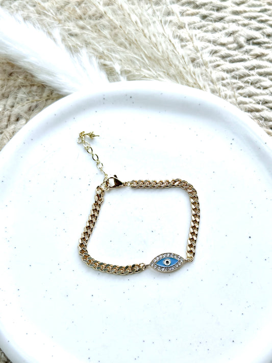 Crystal Blue Evil Eye + Gold Chain Bracelet