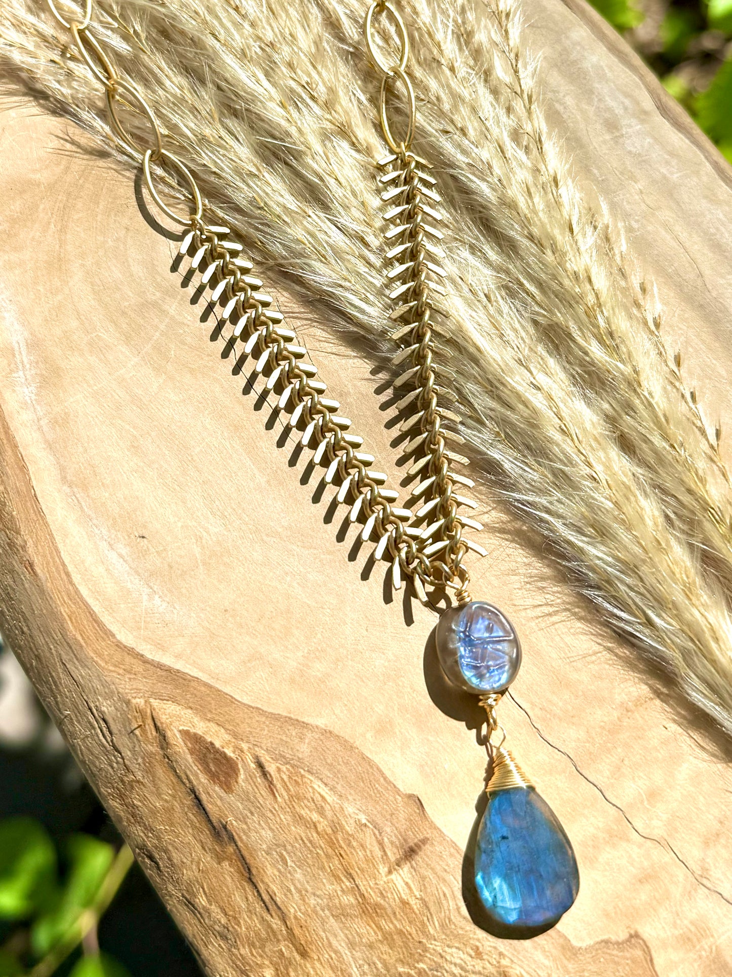 Labradorite + Matte Gold Fishbone Necklace