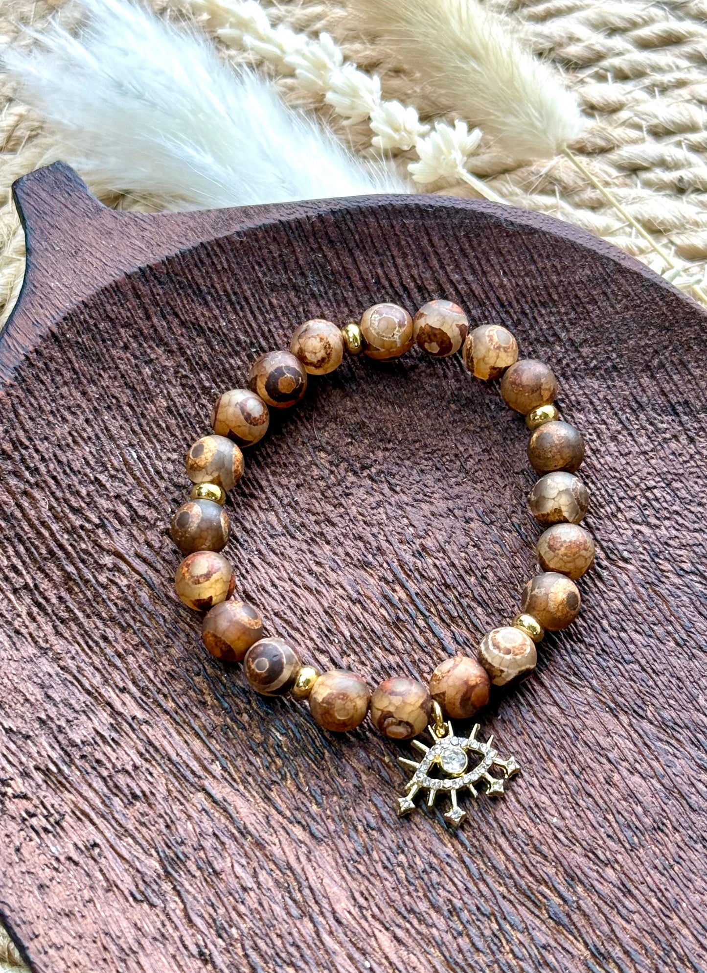 Brown Evil Eye Tibetan Agate + Gold Chunky Charm Band