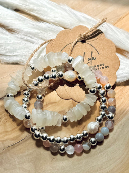 Freshwater Pearl + Moonstone Silver Stack (3-stack)