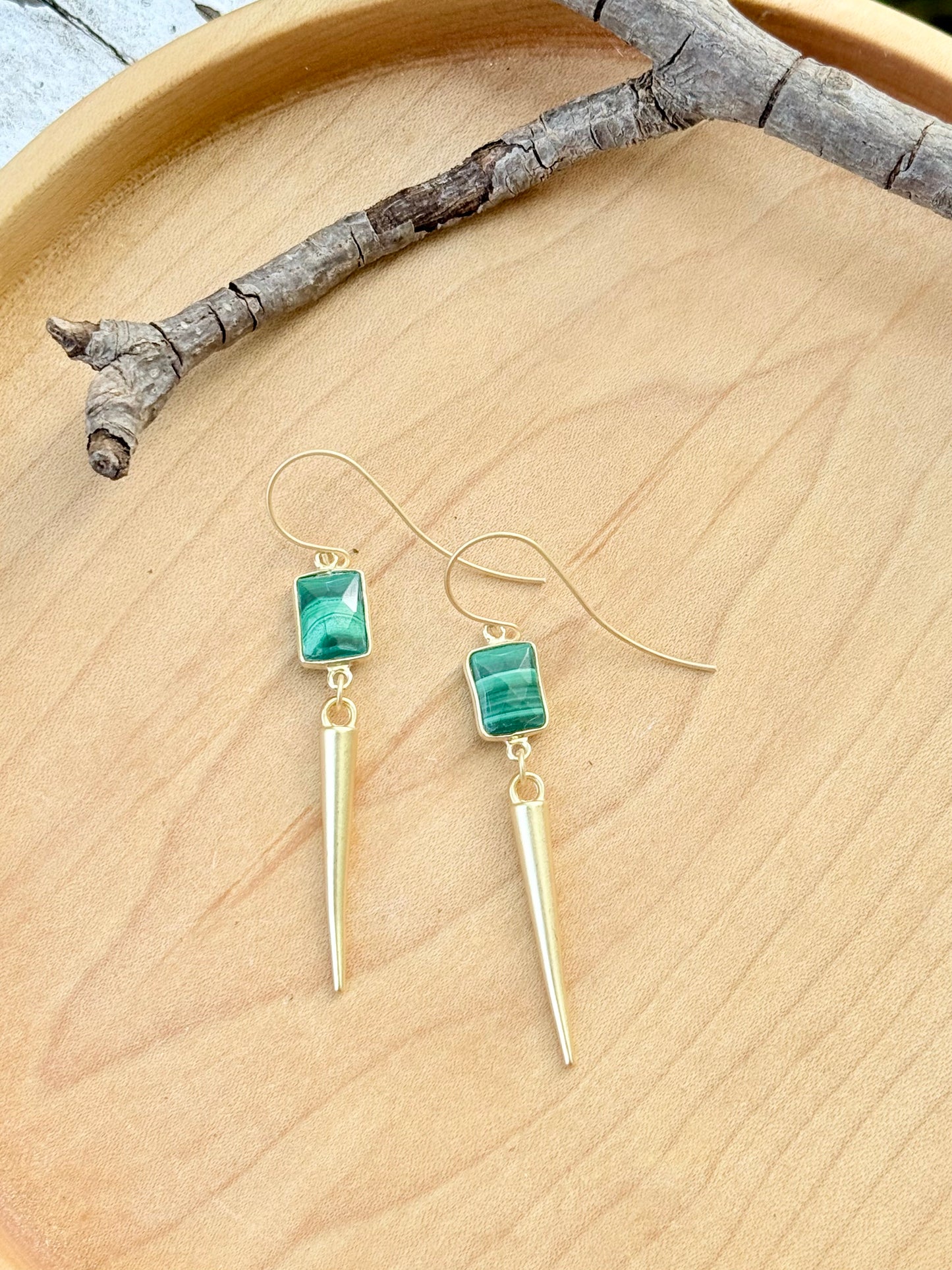 Malachite + Matte Gold Spike Earrings